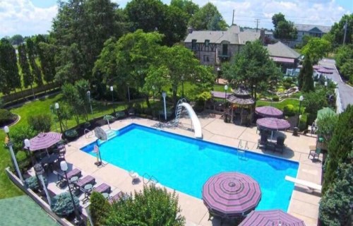 Aerial view of a pool surrounded by greenery, lounge chairs, and umbrellas in a landscaped area.