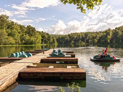 A serene lake scene with pedal boats and a wooden dock surrounded by lush greenery under a partly cloudy sky.