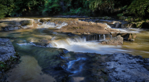 A serene river flows over rocky terrain, creating small waterfalls surrounded by lush greenery.