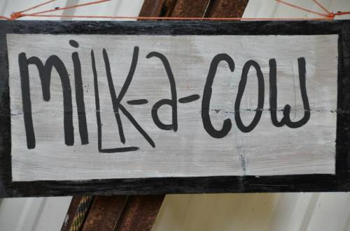 A wooden sign with the words "milka-cow" painted in bold black letters on a white background.