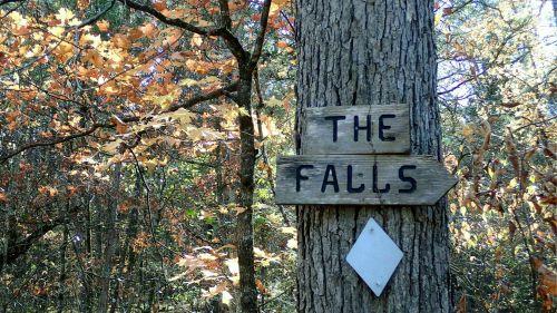 Wooden sign on a tree pointing to "The Falls," surrounded by autumn foliage.