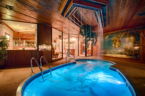 Indoor pool with blue water, wooden ceiling, and a waterfall feature, surrounded by tropical decor and plants.
