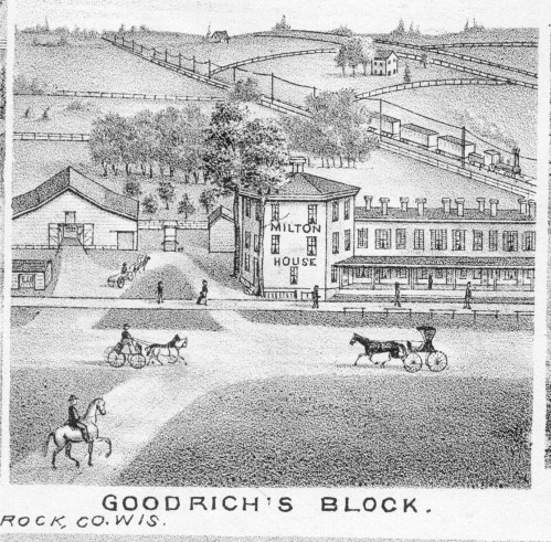 Historic illustration of Goodrich's Block in Milton, Wisconsin, featuring horse-drawn carriages and a scenic landscape.