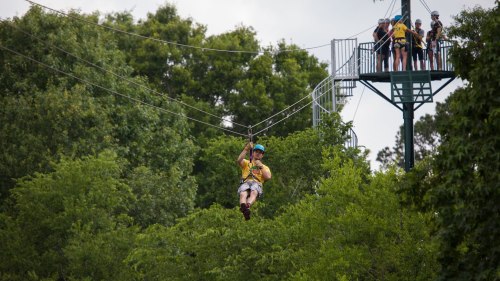 A person zip-lining through trees, with a platform and onlookers visible in the background.