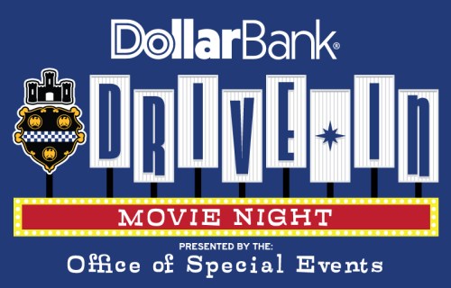 Logo for Dollar Bank's Drive-In Movie Night, featuring a colorful marquee and event details at the bottom.