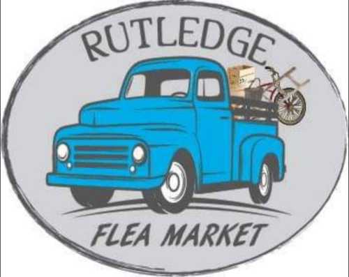 Logo featuring a blue vintage truck with items in the back, labeled "Rutledge Flea Market."