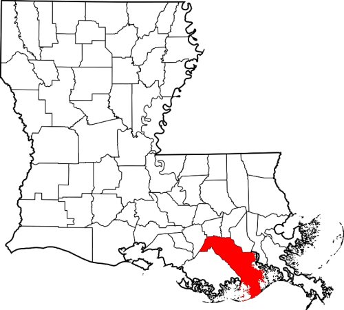 Map of Louisiana highlighting the southeastern region in red against a white background.