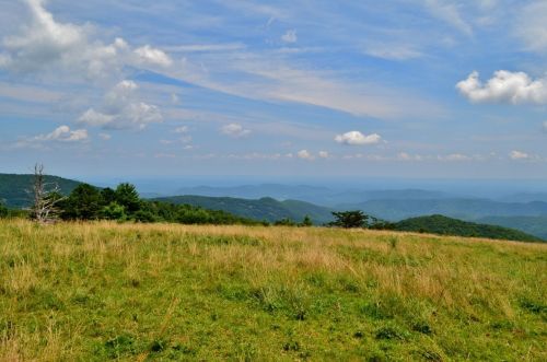 A scenic view of rolling green mountains under a blue sky with fluffy clouds, featuring a grassy foreground.
