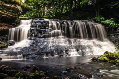 A serene waterfall cascades over dark rocks, surrounded by lush green trees in a tranquil forest setting.