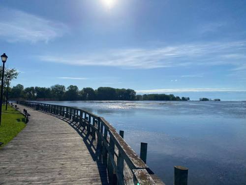 A serene waterfront scene with a wooden walkway, trees, and a clear blue sky reflecting on the calm water.