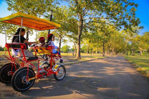A family enjoys a ride on a colorful quad bike in a sunny park with trees lining the path.