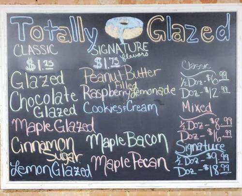 Chalkboard menu listing donut flavors and prices, including classic and signature options.