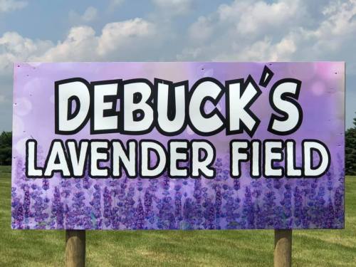 Sign for Debuck's Lavender Field, featuring bold text on a purple background with lavender illustrations.