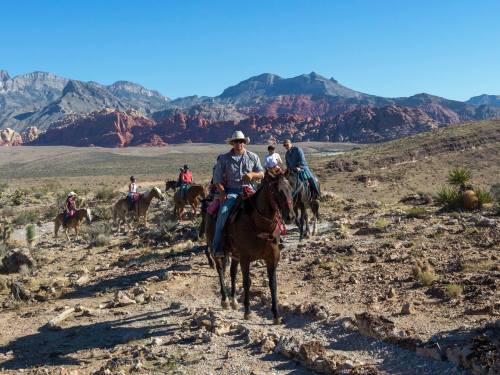 A group of horseback riders traverses a desert landscape with mountains in the background under a clear blue sky.