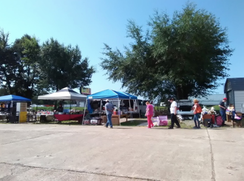 A sunny outdoor market scene with vendors under blue tents and people browsing various stalls.
