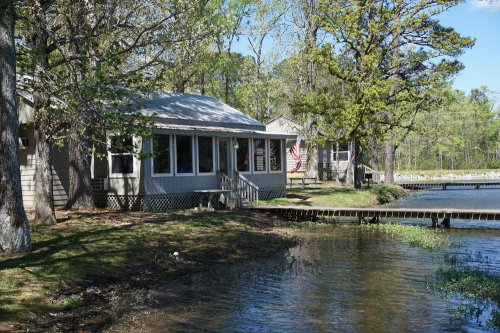 A cozy cabin by a calm lake, surrounded by trees and greenery, with a small dock extending into the water.