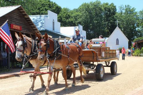 A horse-drawn wagon with two horses pulls a wooden cart through a lively outdoor setting with people and buildings.