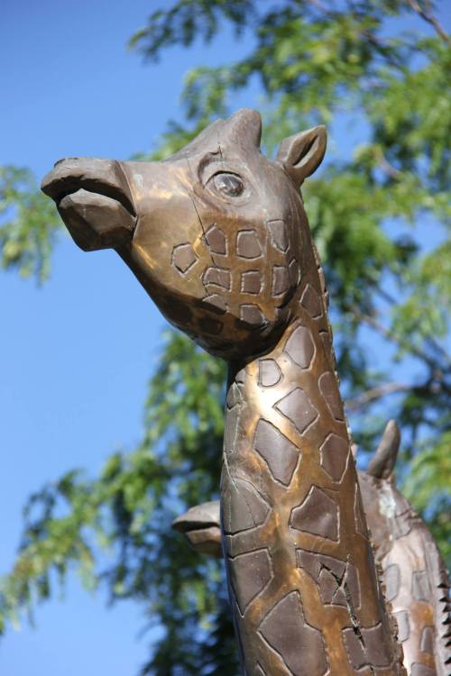 A close-up of a bronze giraffe sculpture against a blue sky and green foliage.