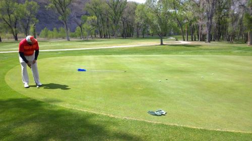A golfer in a red shirt prepares to putt on a green golf course surrounded by trees. A towel lies on the grass nearby.