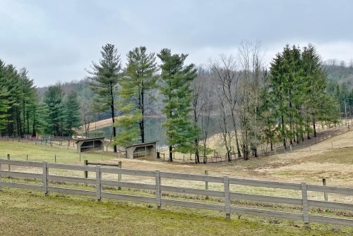 A serene landscape featuring a fenced field, two shelters, and tall trees under a cloudy sky.