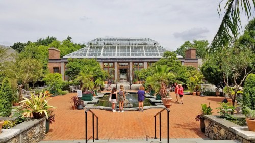 A botanical garden with a glass greenhouse, surrounded by lush plants and visitors exploring the serene landscape.