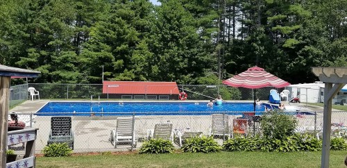 A sunny outdoor pool area surrounded by trees, with lounge chairs, a lifeguard station, and people enjoying the water.
