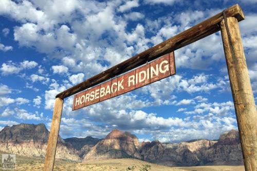 A wooden sign reading "Horseback Riding" against a backdrop of mountains and a blue sky with fluffy clouds.