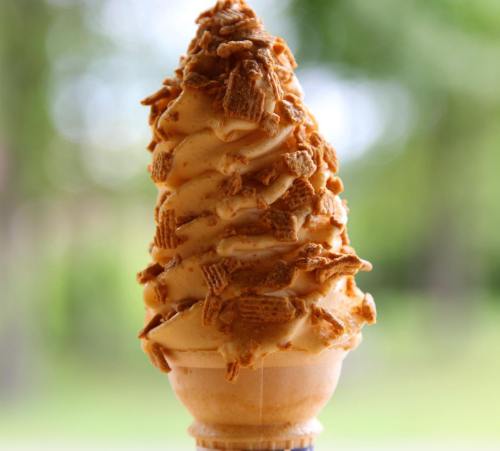 A delicious ice cream cone topped with crushed cookies, set against a blurred green background.