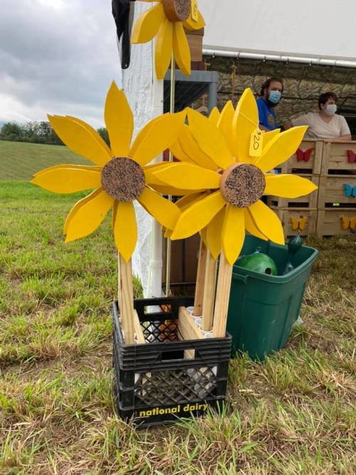Two large, bright yellow sunflower decorations stand in a crate, with people in the background under a tent.