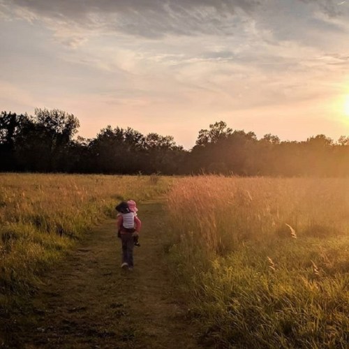 A person carries a child on their back while walking through a grassy field at sunset.