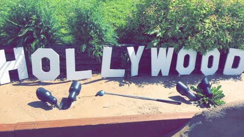 White letters spelling "HOLLYWOOD" on the ground, with a golf club and two black shoes nearby, surrounded by greenery.