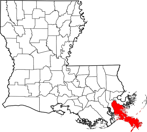 Map of Louisiana highlighting the southeastern region in red against a white background.
