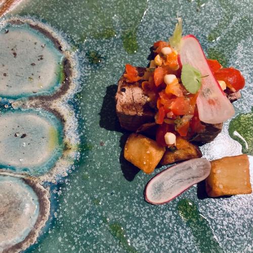 A beautifully plated dish featuring seared meat, fresh salsa, radish slices, and crispy potatoes on a textured blue-green plate.