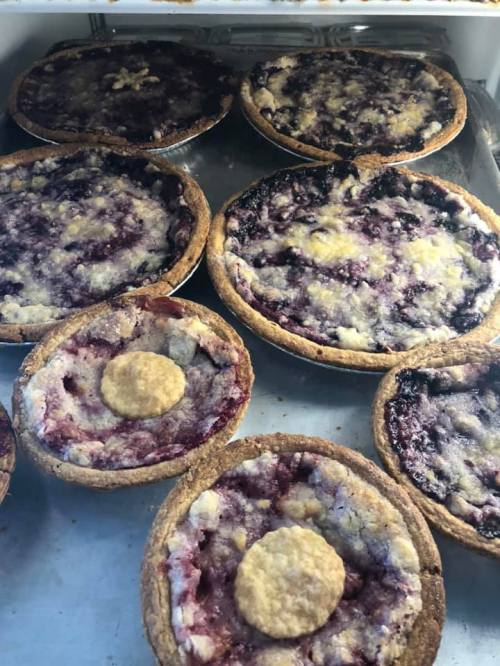 A variety of baked berry pies cooling on a tray, featuring golden crusts and bubbling fruit filling.