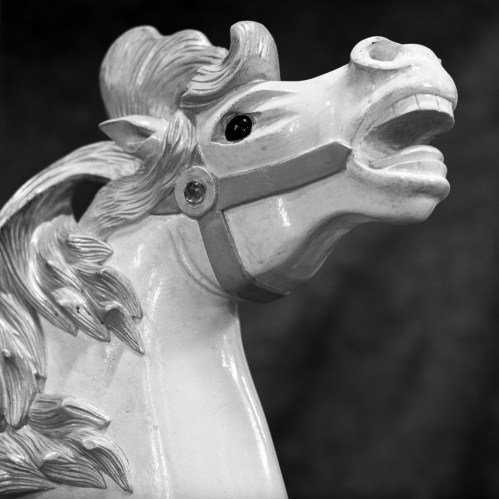 A close-up of a vintage carousel horse's head, featuring detailed mane and a painted bridle.
