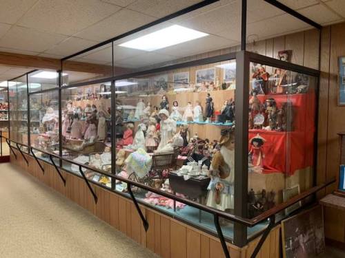 A display case filled with various dolls and collectibles in a museum-like setting.