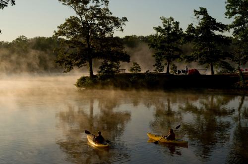 Two kayakers paddle on a misty lake at sunrise, surrounded by trees and a serene, foggy atmosphere.
