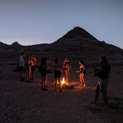 A group of people gathered around a campfire at dusk, enjoying the outdoors and roasting marshmallows.