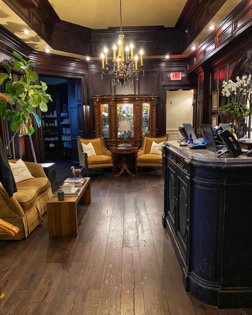 Cozy reception area with dark wood paneling, elegant furniture, and a chandelier, featuring a warm, inviting atmosphere.