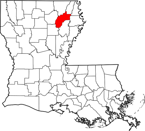 Map of Louisiana highlighting the northeastern region in red, with the rest of the state in white.
