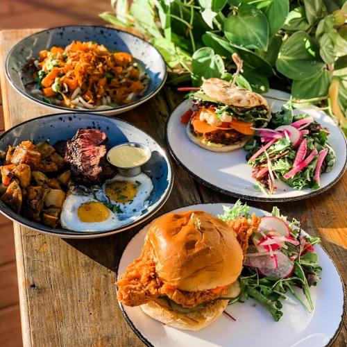 A vibrant spread of dishes including a burger, salad, roasted vegetables, and a colorful noodle dish on a wooden table.
