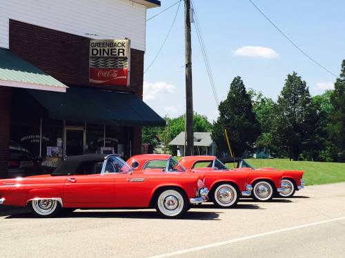 A row of classic red cars parked outside the Greenback Diner on a sunny day.