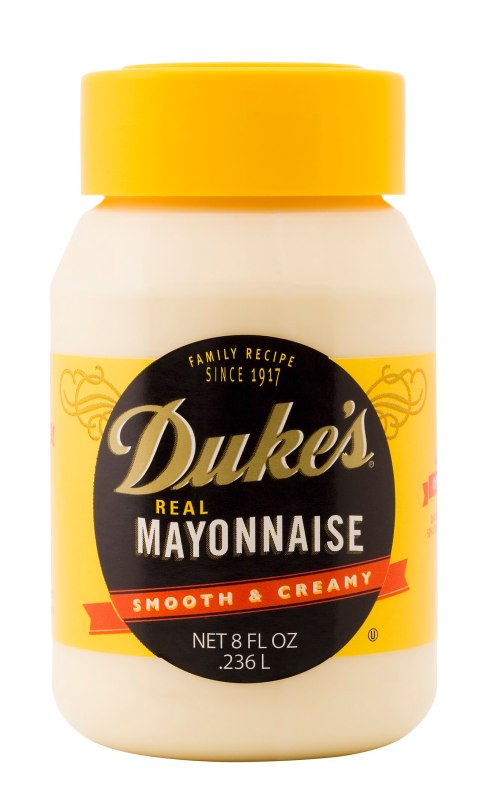 A jar of Duke's Real Mayonnaise, 8 fl oz, with a yellow lid and a black label featuring the brand name and description.