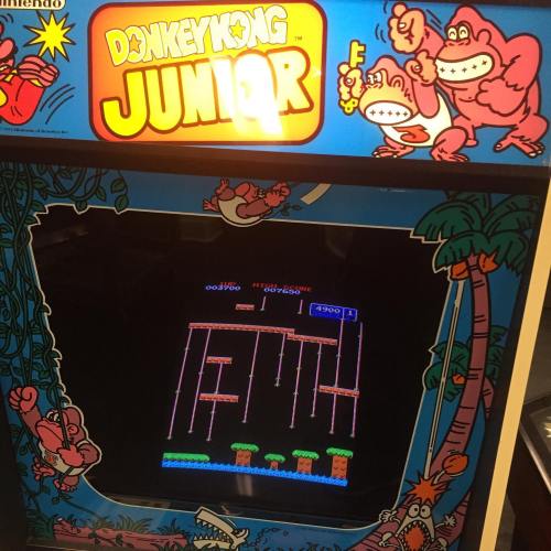 An arcade cabinet for Donkey Kong Junior, featuring colorful graphics and a game screen displaying gameplay.