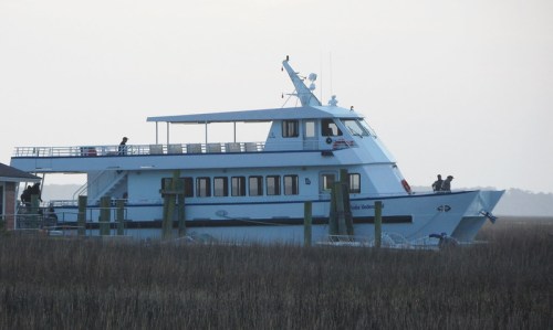 A white boat docked at a pier, surrounded by tall grass, with people on the upper deck enjoying the view.