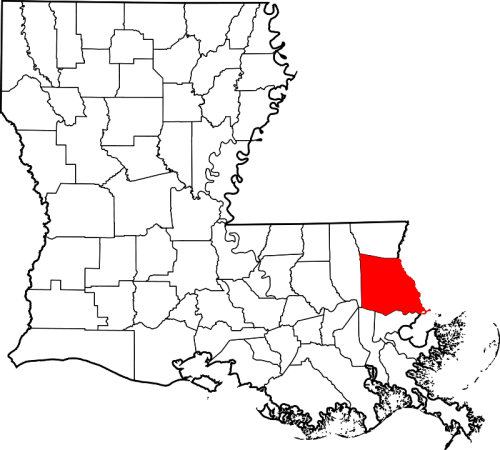 Map of Louisiana highlighting the eastern region in red against a white background.