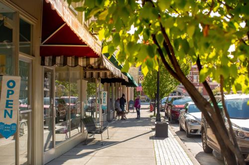 A sunny street scene with shops, green trees, and people walking along the sidewalk beside parked cars.