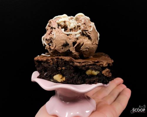 A hand holding a pink dish with a brownie topped with chocolate ice cream and drizzled with white chocolate.