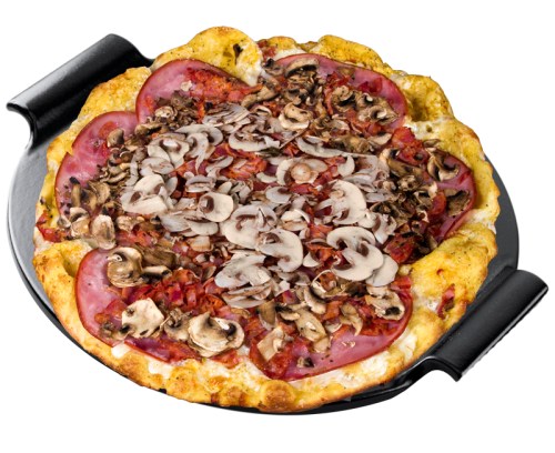 A delicious pizza topped with ham, mushrooms, and a mix of meats, served on a black pizza tray.
