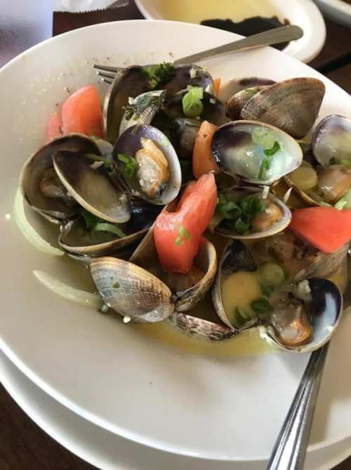 A bowl of clams with tomatoes, green onions, and broth, served with a fork and spoon.